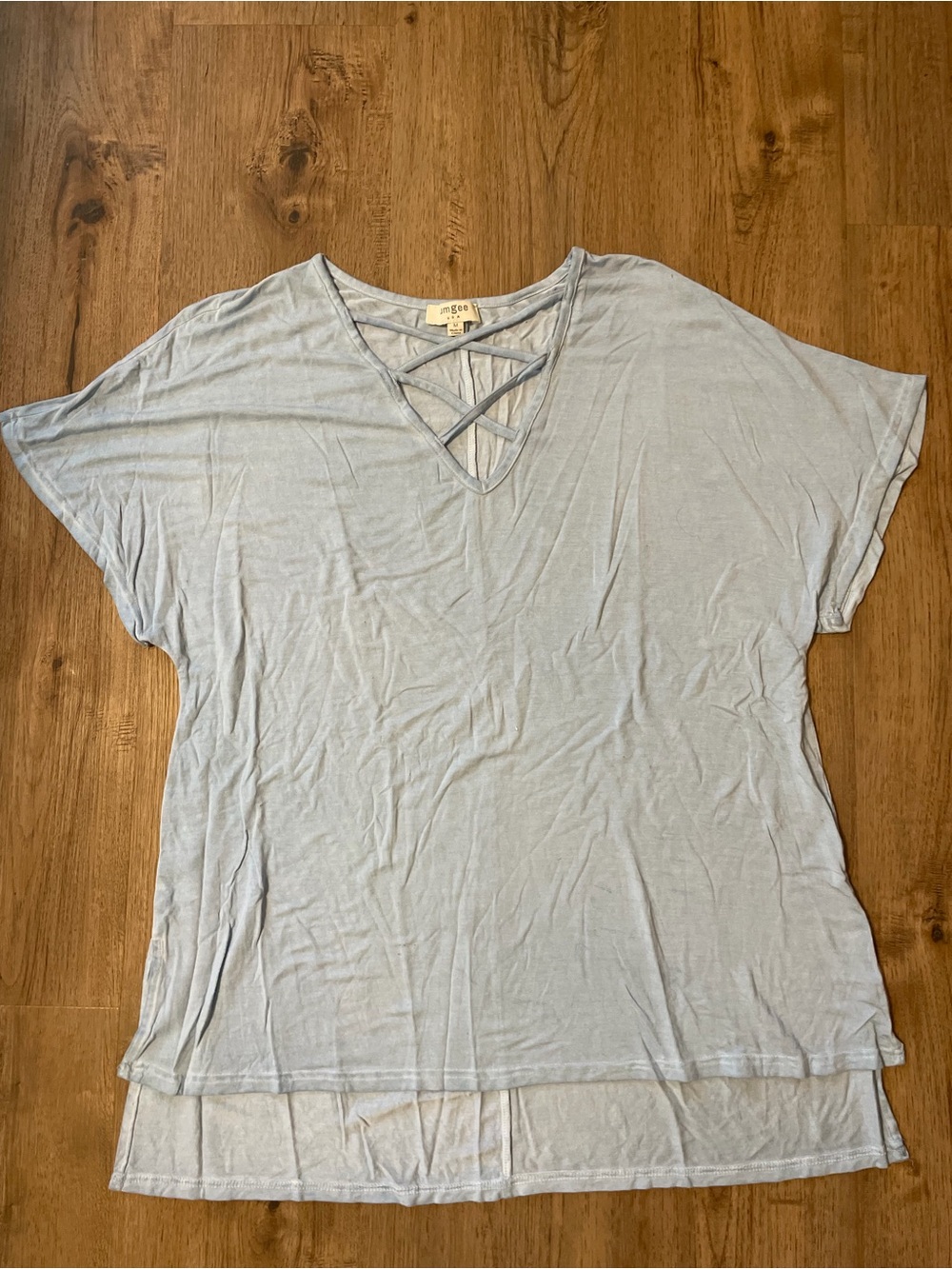 Umgee Light Blue Crisscross V-Neck Short Sleeve Top